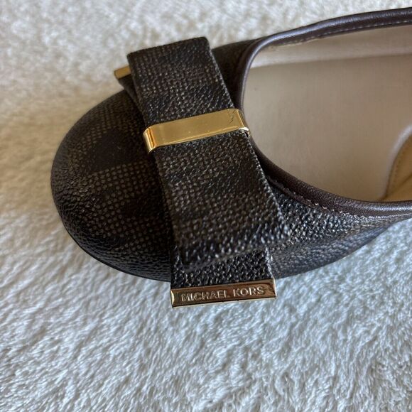 Michael Kors Kiera Leather Signature Bow MK Logo Brown / GOLD Ballet Flats 7.5 - Picture 3 of 11